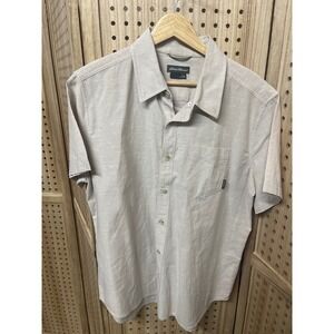 Eddie Bauer Mens Large Short Sleeve Button Down Shirt Tan Slub Casual Pocket